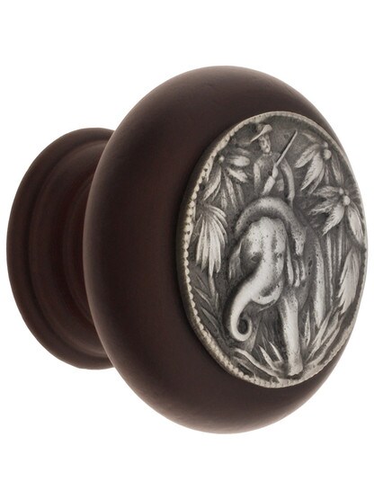 Hardwood Knob with Elephant Onlay - 1 1/2 inch Diameter in Dark Walnut/Antique Pewter.
